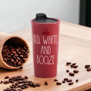 NIB RAE DUNN Red White and Booze Ceramic Travel Mug Coffee Tea Funny